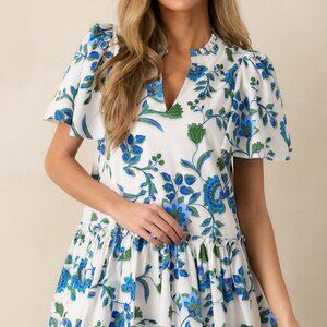 Red Dress Crystal Waters 100% Cotton Blue Floral Mini Dress Size XLXL / Blue